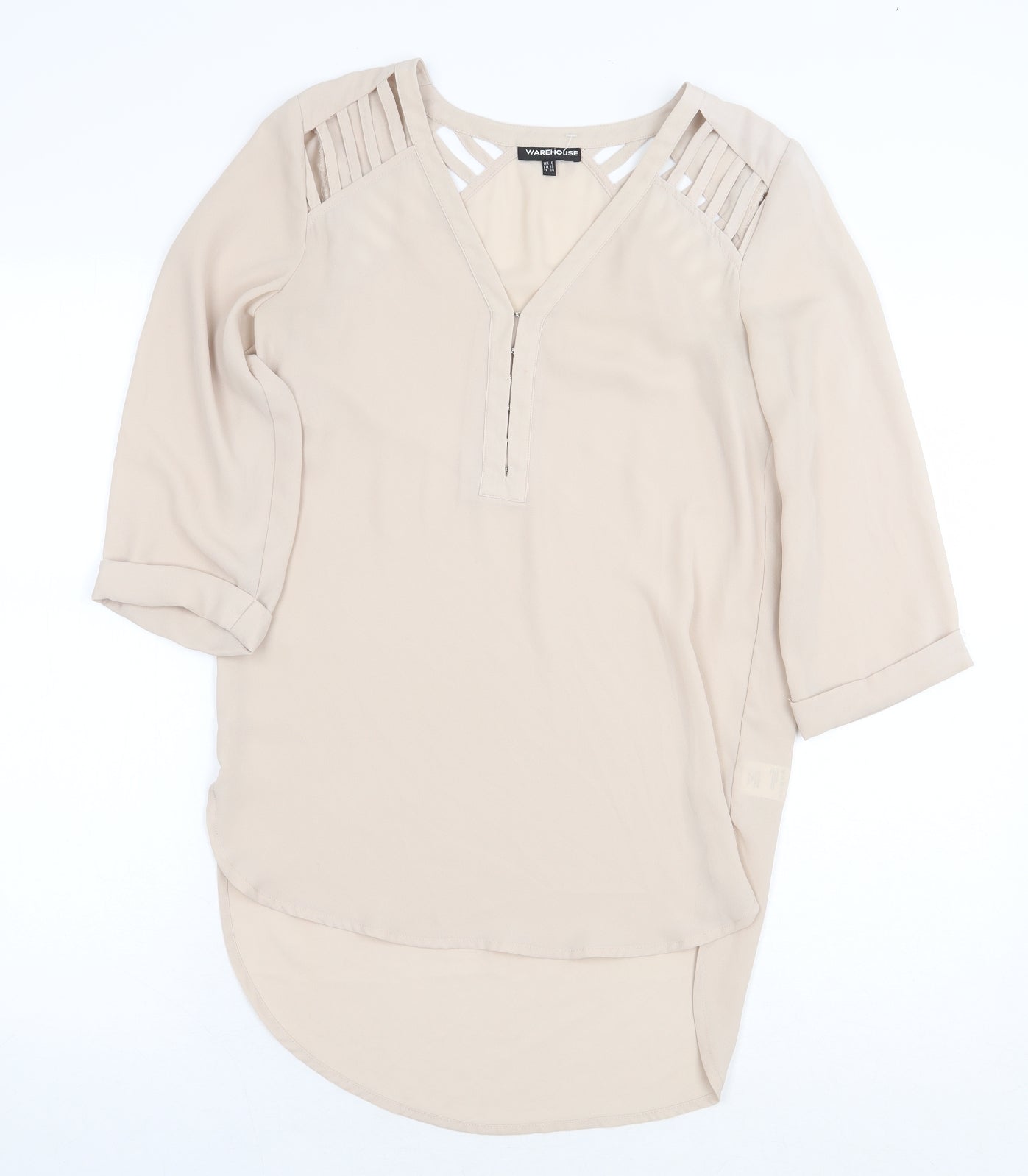 Warehouse Womens Beige Polyester Basic Blouse Size 8 V-Neck