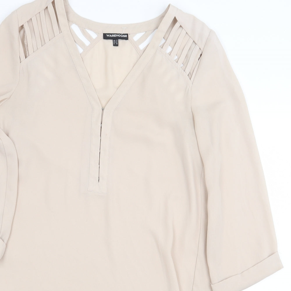 Warehouse Womens Beige Polyester Basic Blouse Size 8 V-Neck