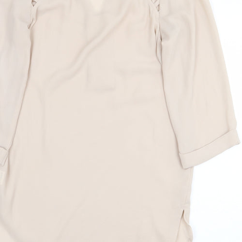 Warehouse Womens Beige Polyester Basic Blouse Size 8 V-Neck