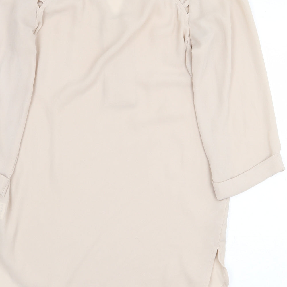 Warehouse Womens Beige Polyester Basic Blouse Size 8 V-Neck