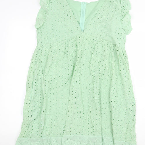 Preworn Womens Green Geometric Polyester Basic Blouse Size M V-Neck