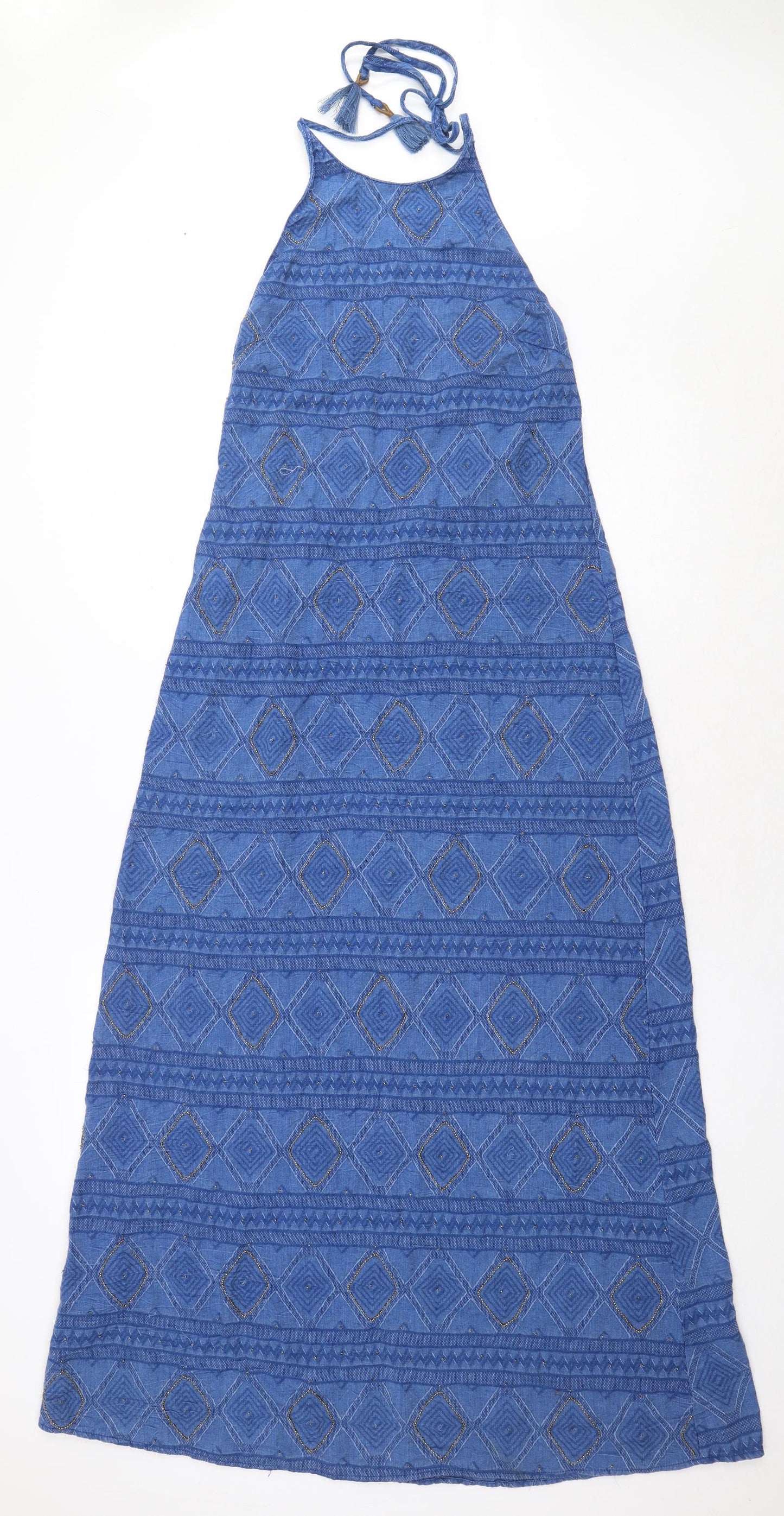 Zara Womens Blue Geometric Cotton A-Line Size M Halter Zip