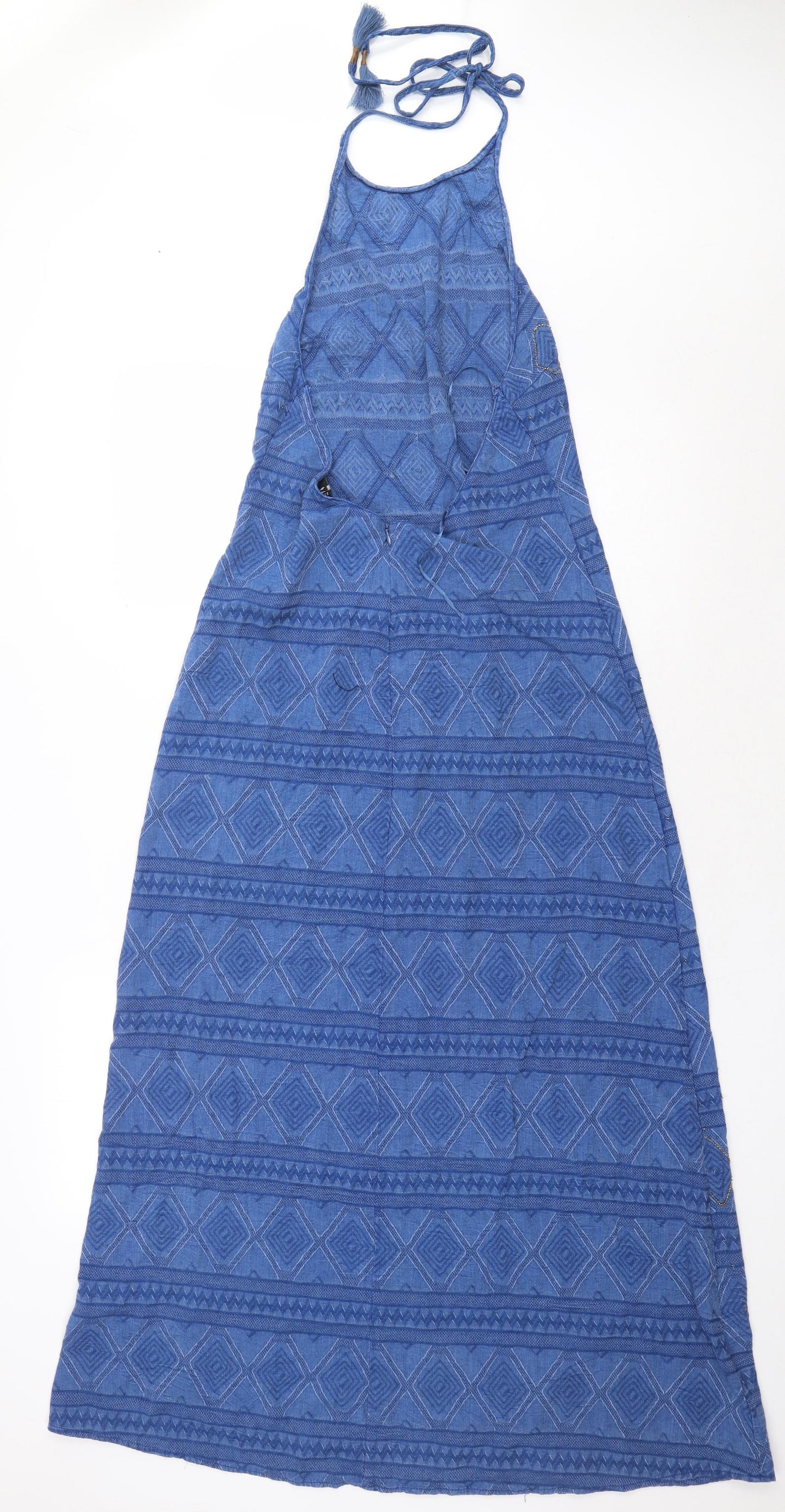 Zara Womens Blue Geometric Cotton A-Line Size M Halter Zip