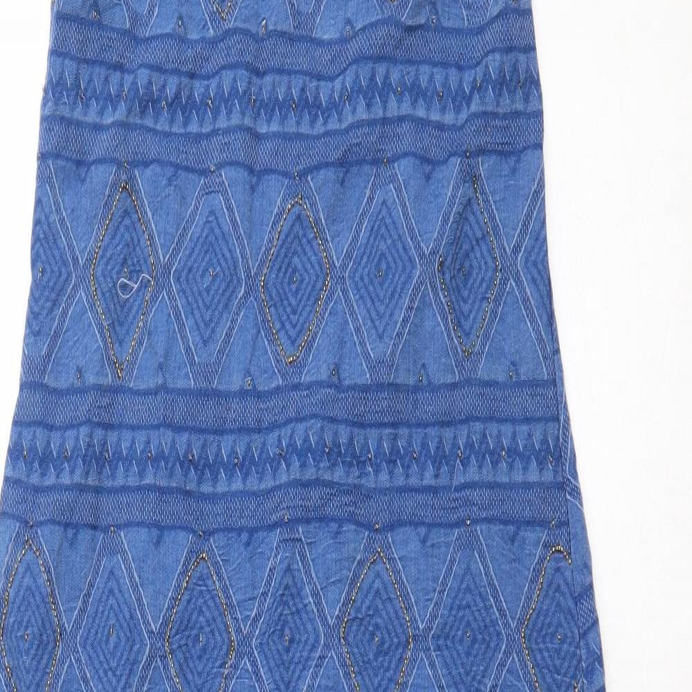 Zara Womens Blue Geometric Cotton A-Line Size M Halter Zip