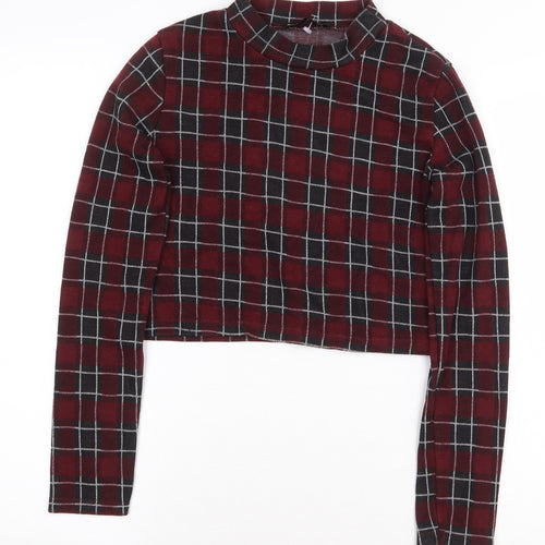 pull Womens Red Plaid Polyester Cropped T-Shirt Size M Round Neck