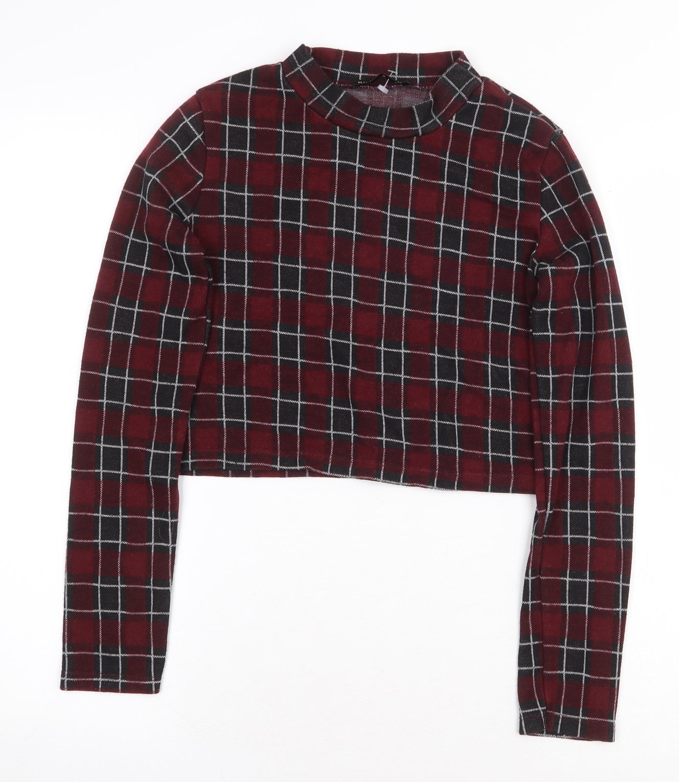 pull Womens Red Plaid Polyester Cropped T-Shirt Size M Round Neck