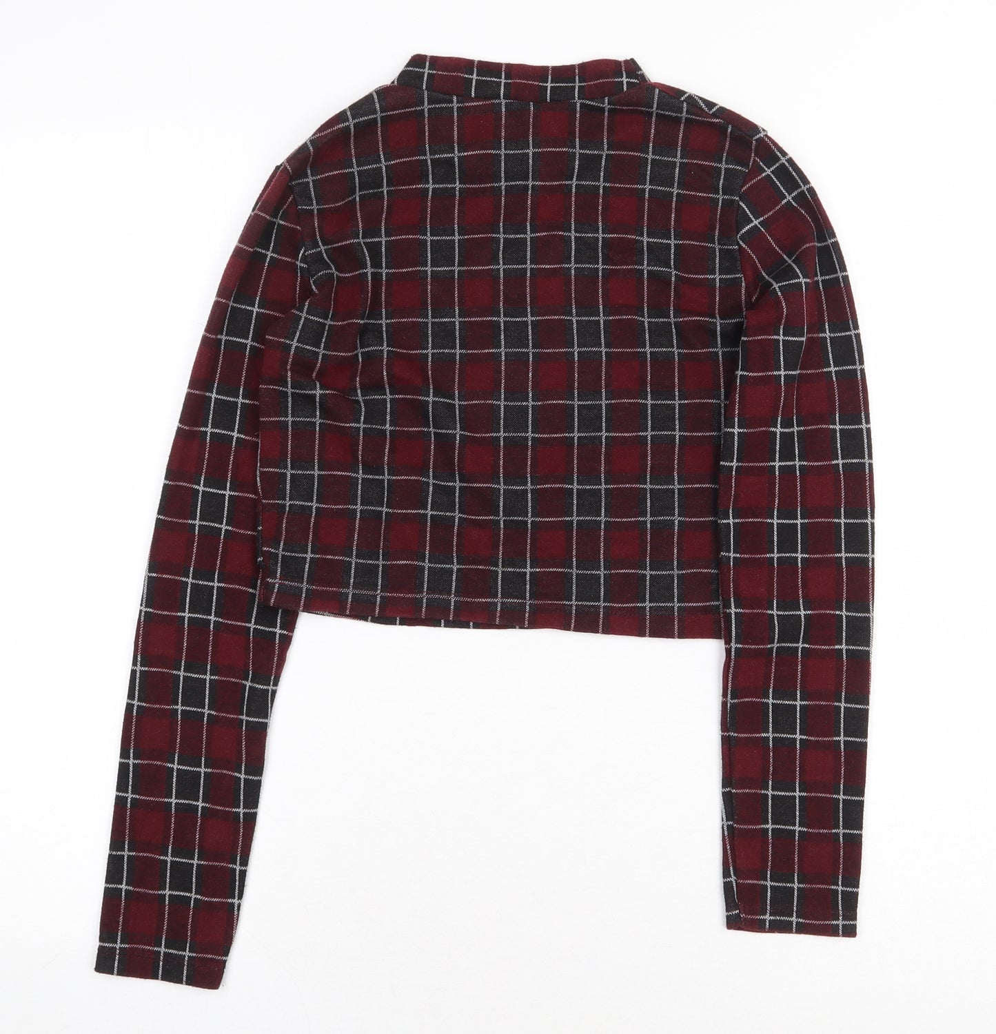 pull Womens Red Plaid Polyester Cropped T-Shirt Size M Round Neck