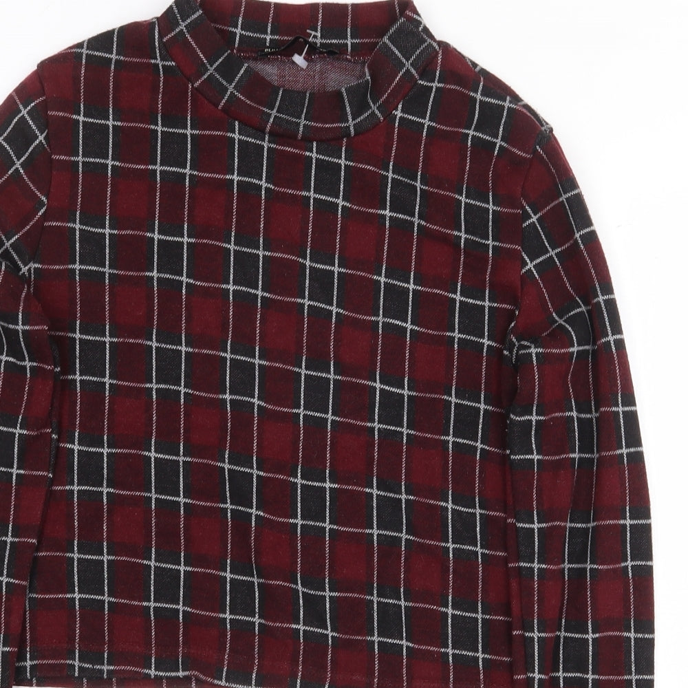 pull Womens Red Plaid Polyester Cropped T-Shirt Size M Round Neck
