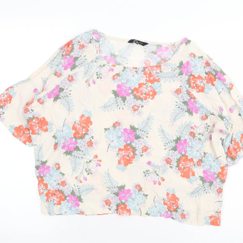 New Look Womens Beige Floral Viscose Basic Blouse Size 16 Boat Neck