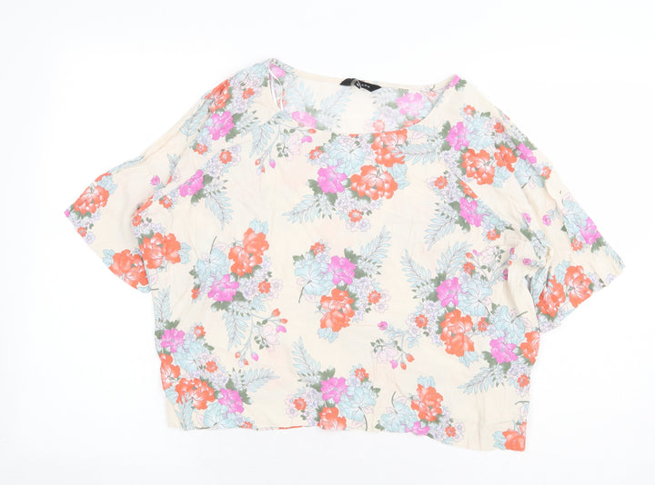 New Look Womens Beige Floral Viscose Basic Blouse Size 16 Boat Neck