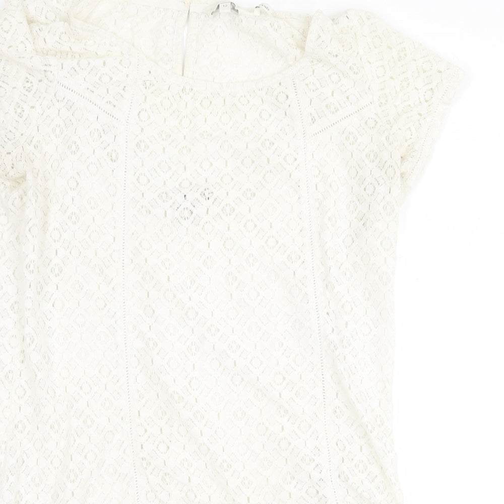 Fat Face Womens White Geometric Cotton Basic Blouse Size 12 Round Neck