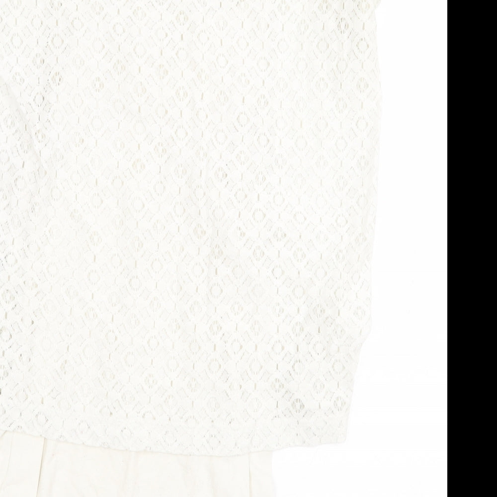 Fat Face Womens White Geometric Cotton Basic Blouse Size 12 Round Neck