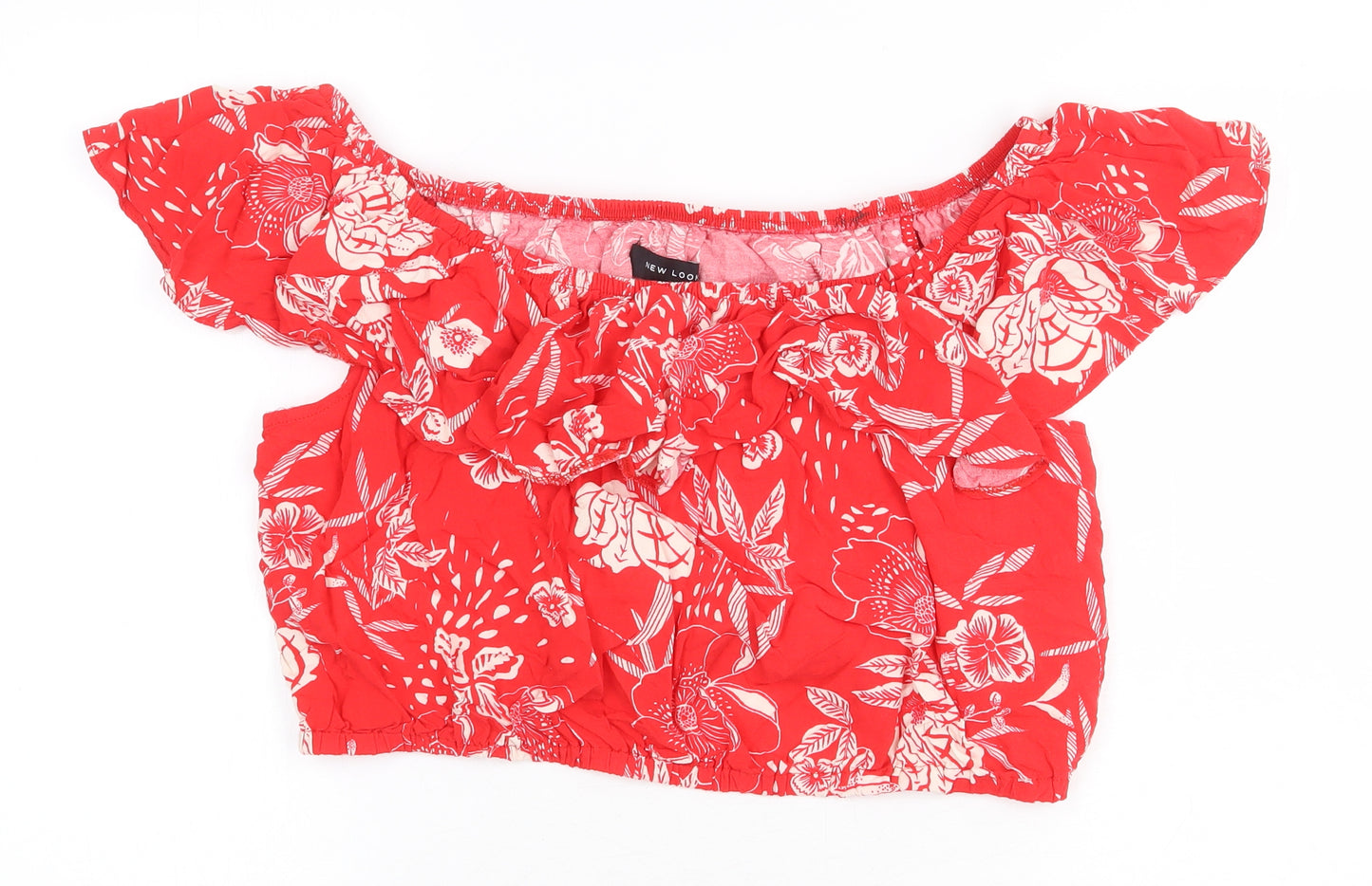New Look Womens Red Floral Viscose Cropped Blouse Size 16 Off the Shoulder
