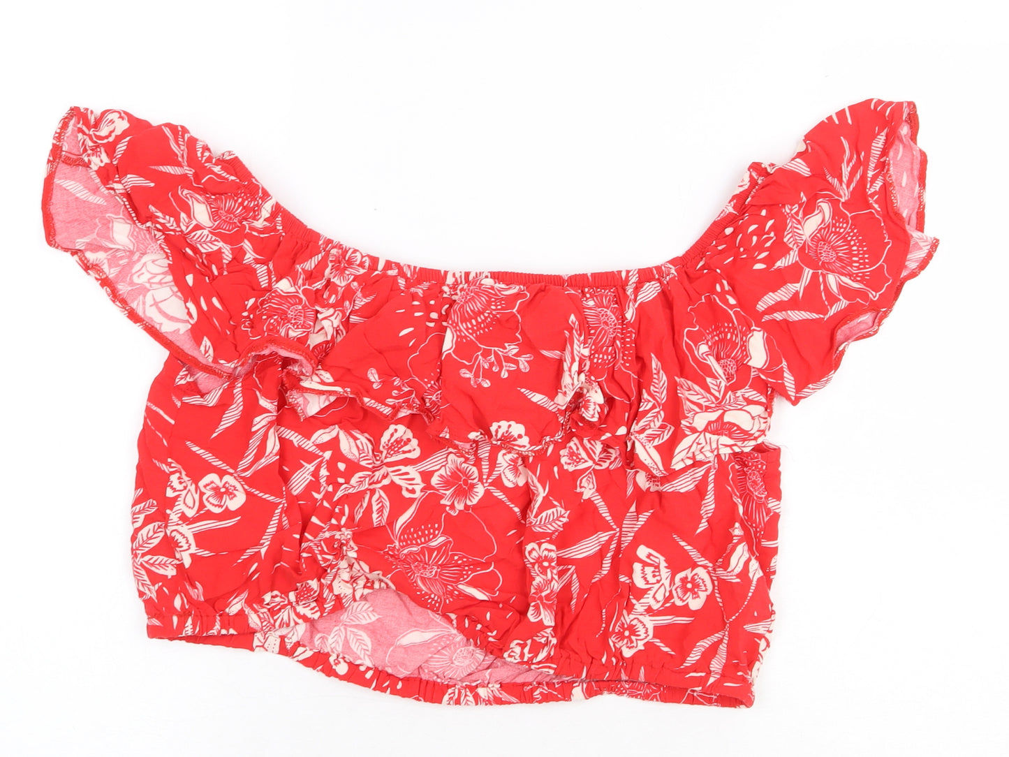 New Look Womens Red Floral Viscose Cropped Blouse Size 16 Off the Shoulder