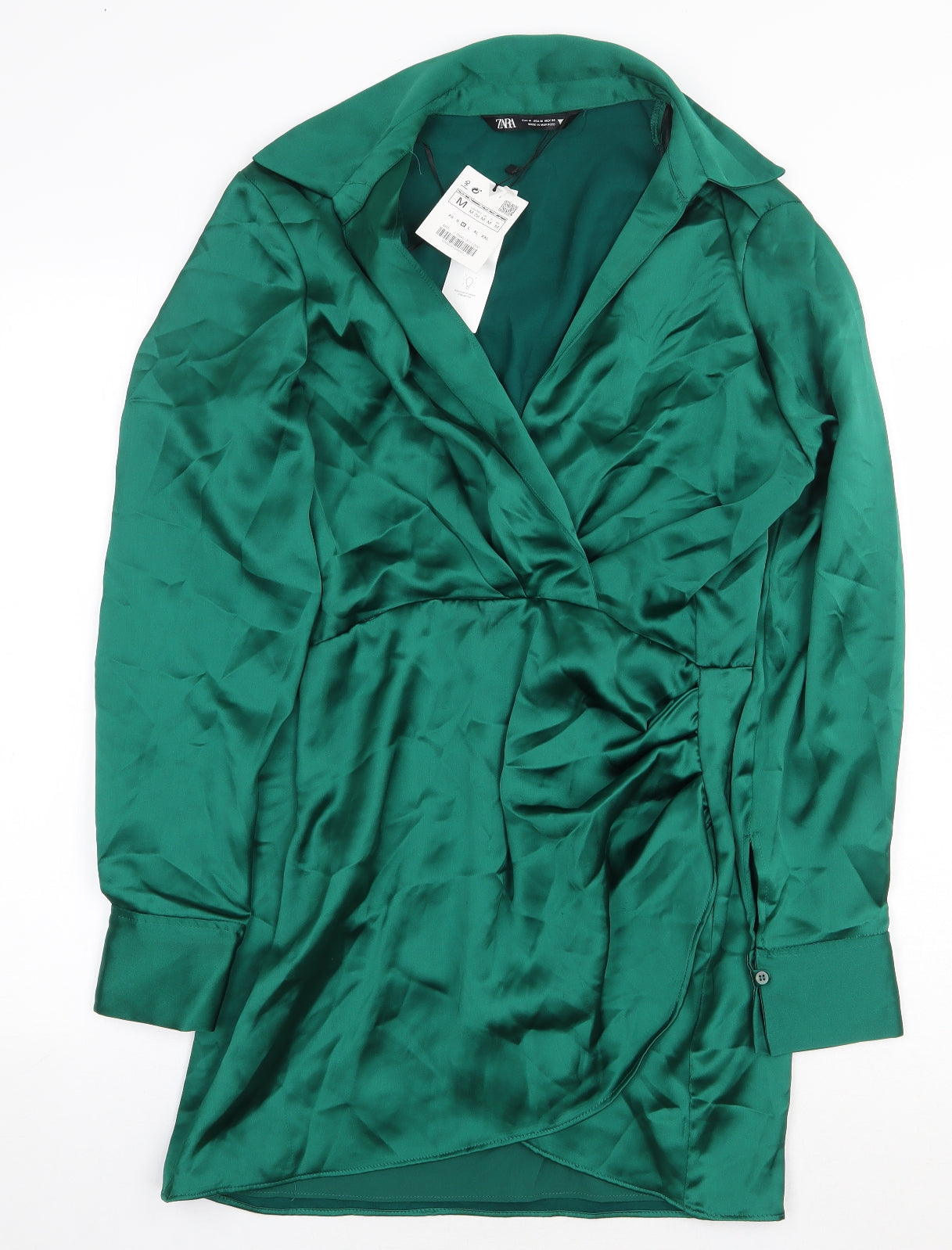 Zara Womens Green Polyester Shirt Dress Size M Collared Zip
