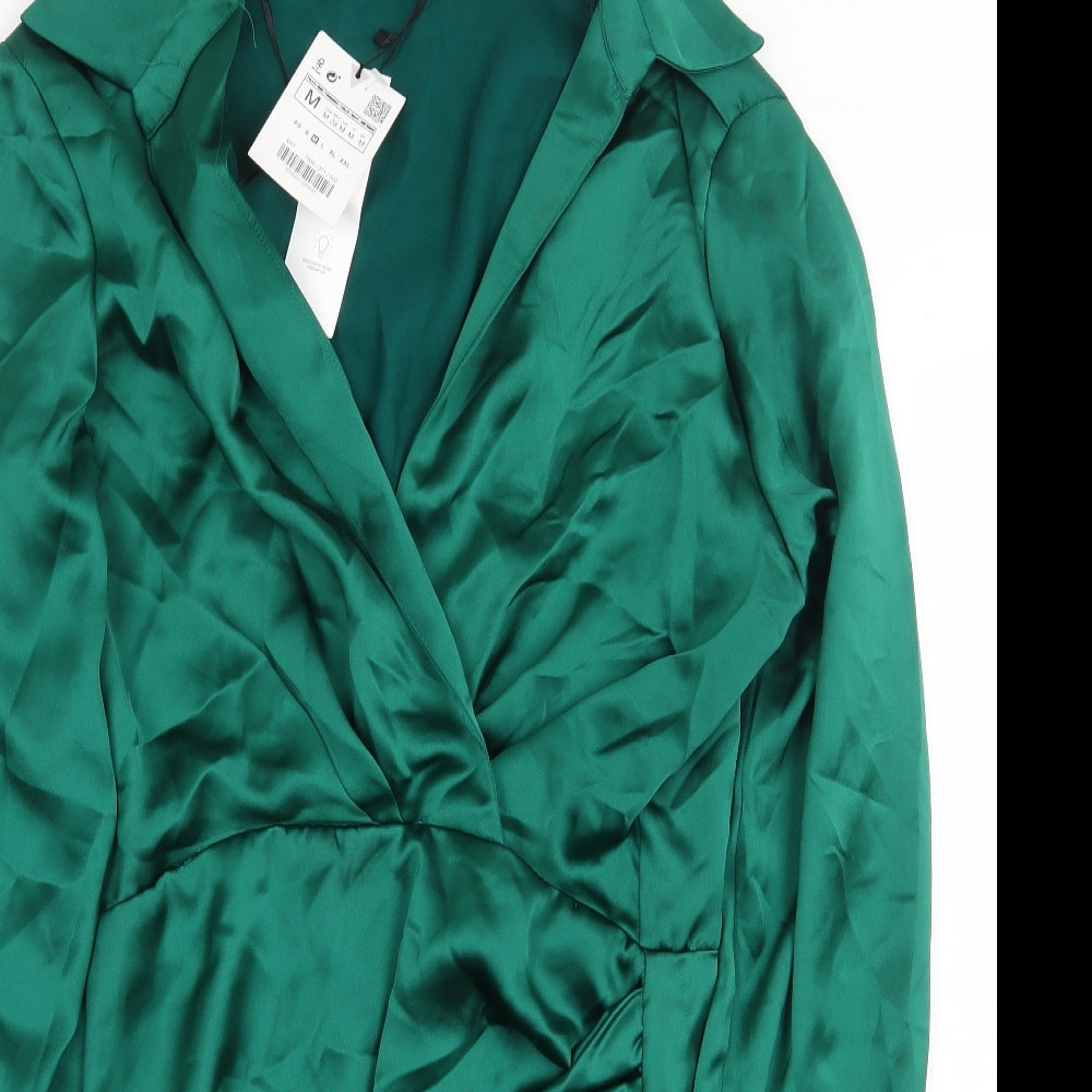 Zara Womens Green Polyester Shirt Dress Size M Collared Zip
