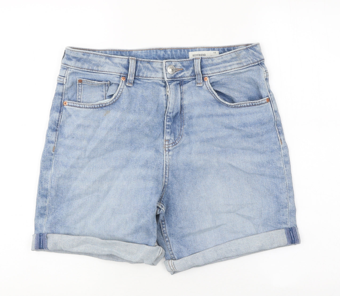 Marks and Spencer Womens Blue Cotton Boyfriend Shorts Size 10 L6 in Regular Zip