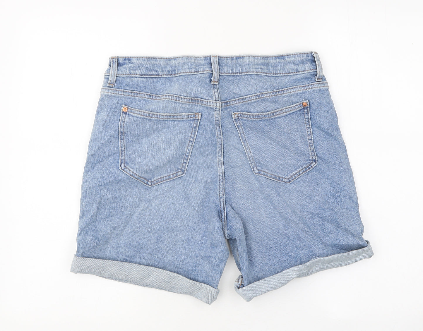 Marks and Spencer Womens Blue Cotton Boyfriend Shorts Size 10 L6 in Regular Zip