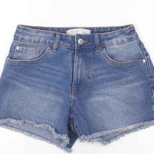 Primark Womens Blue Cotton Mom Shorts Size 8 L4 in Regular Zip