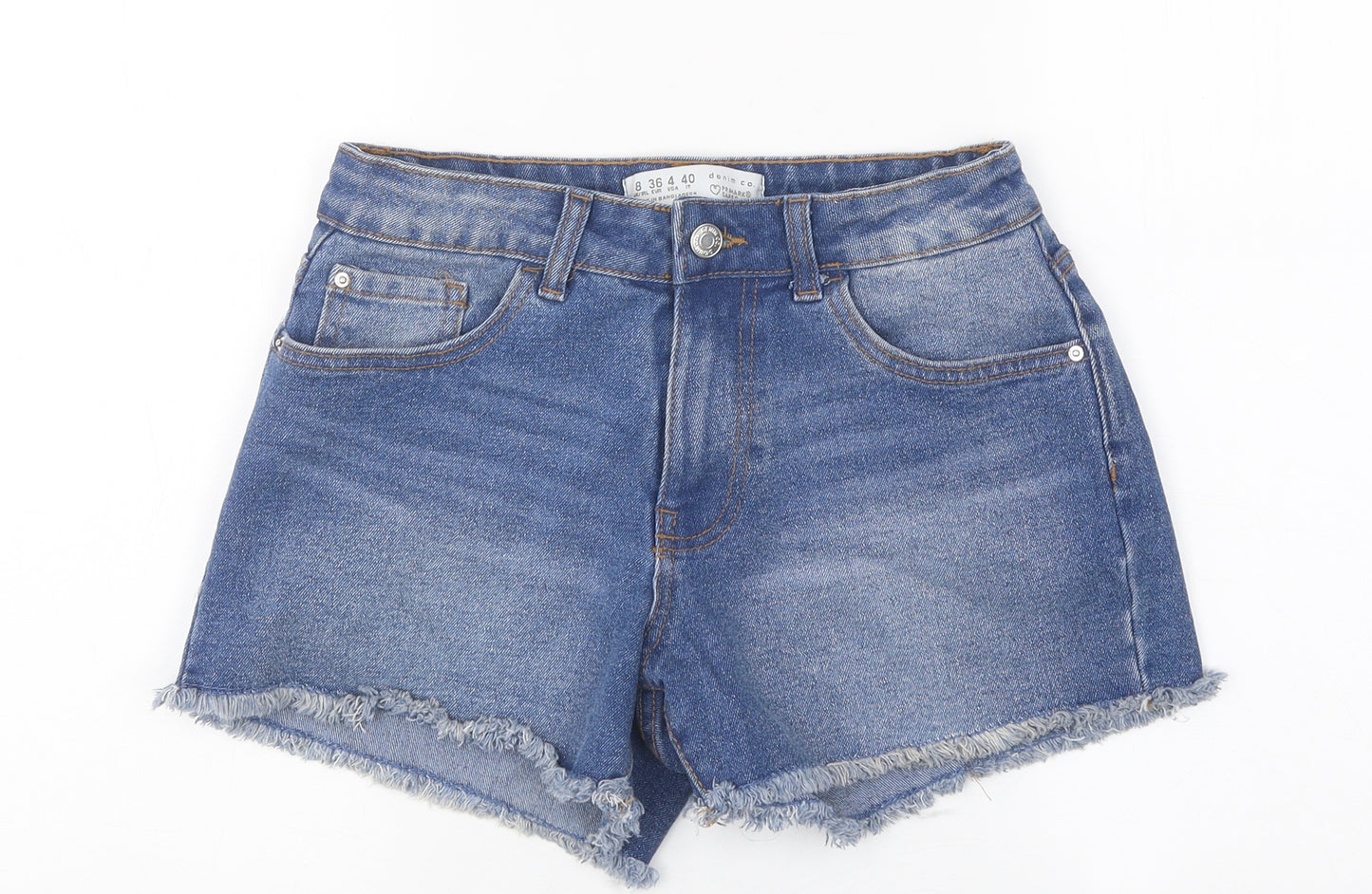 Primark Womens Blue Cotton Mom Shorts Size 8 L4 in Regular Zip