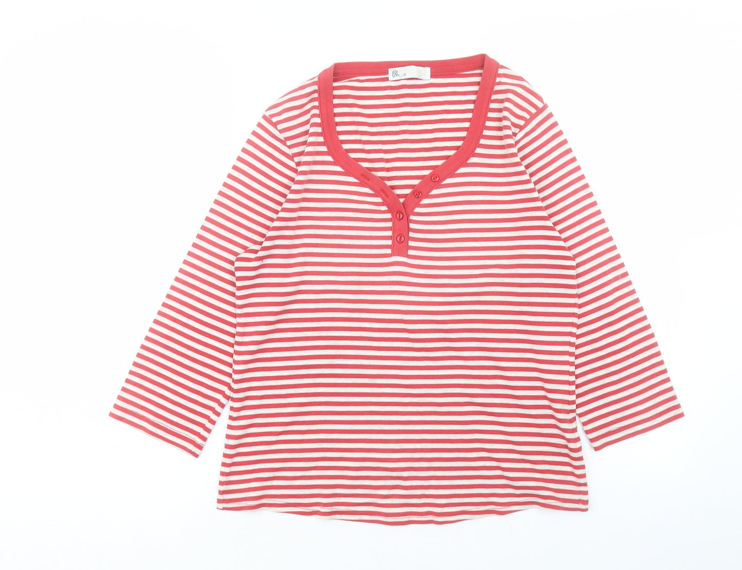 BHS Womens Red Striped Cotton Basic T-Shirt Size 12 V-Neck