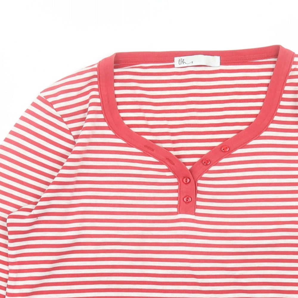 BHS Womens Red Striped Cotton Basic T-Shirt Size 12 V-Neck