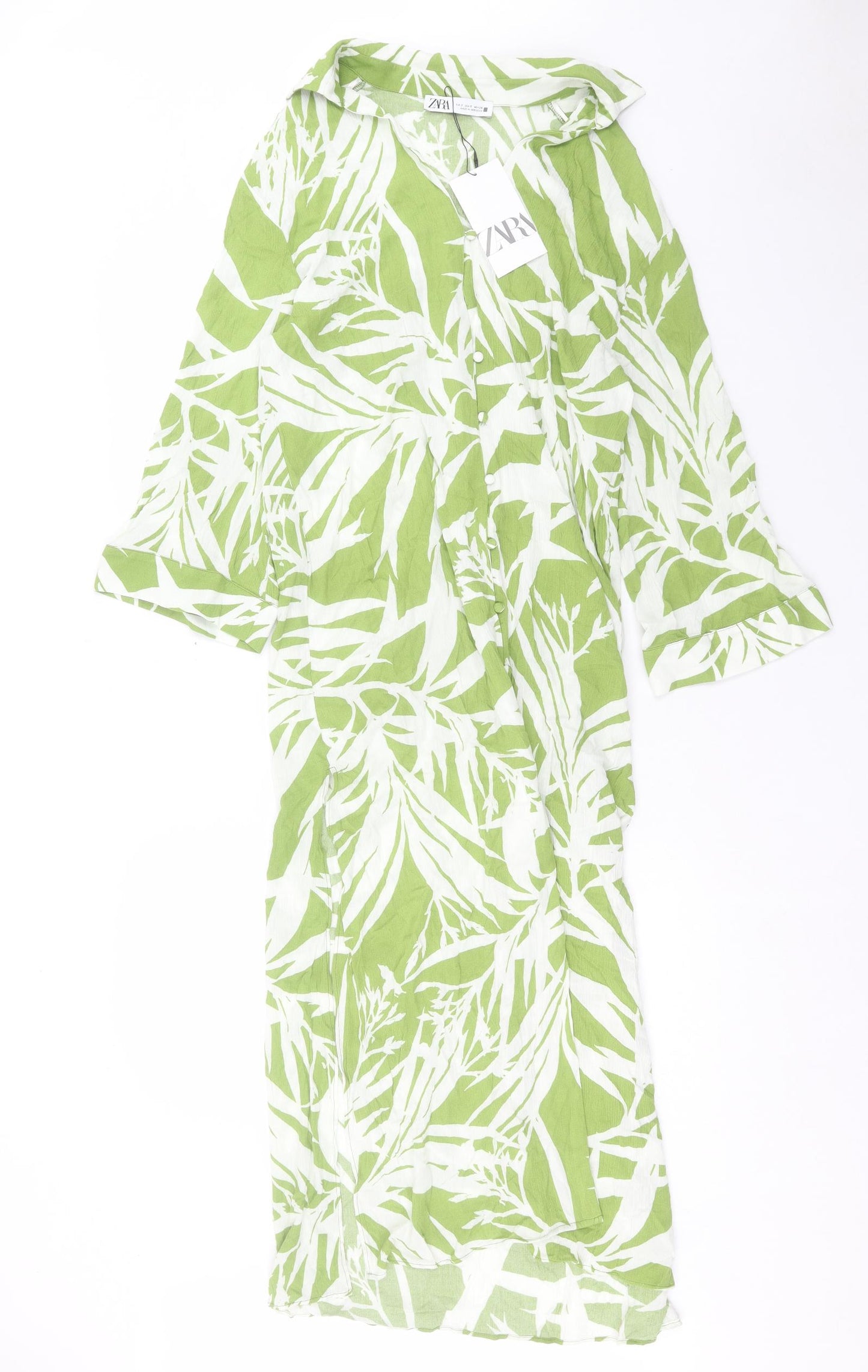 Zara Womens Green Floral Viscose Shirt Dress Size S Collared Button