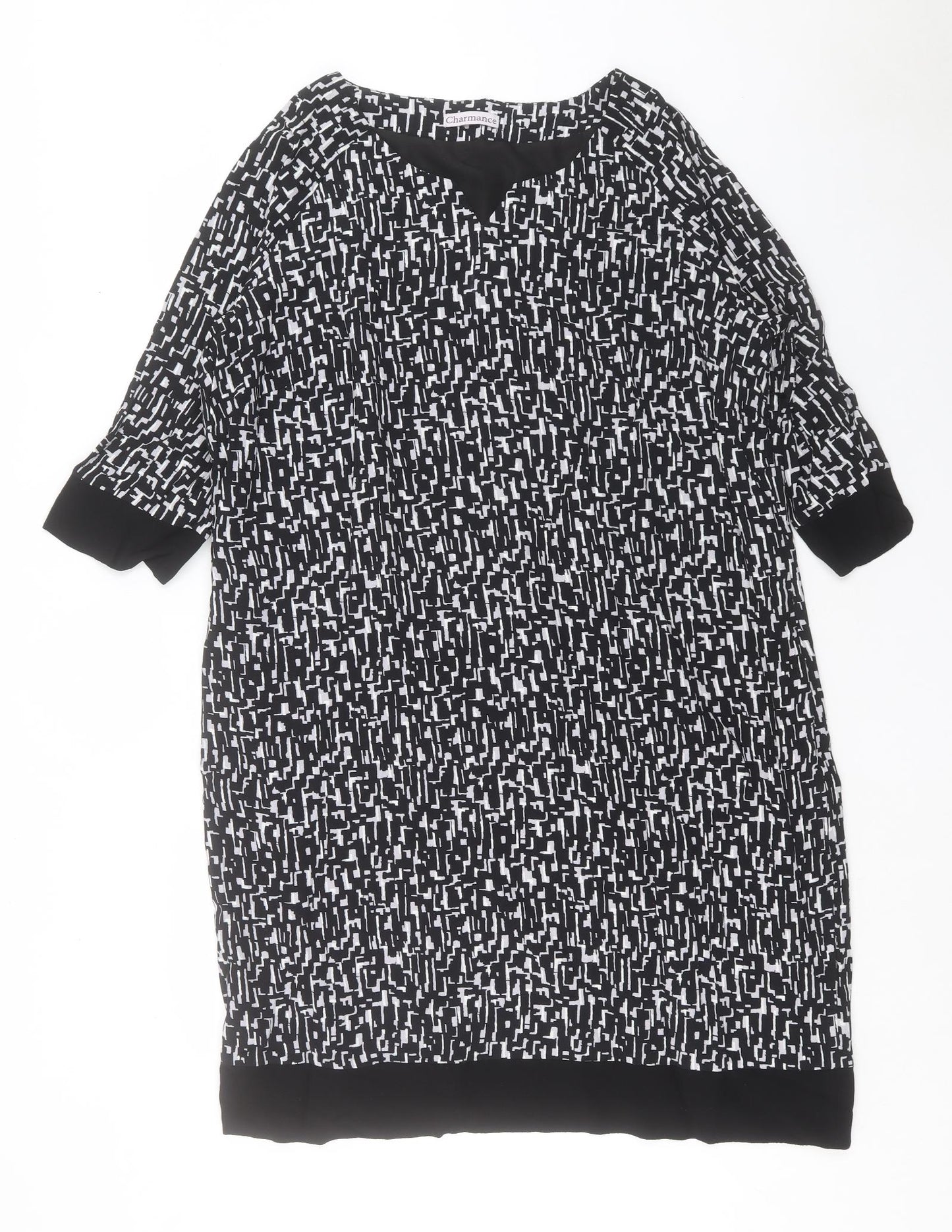 Charmance Womens Black Geometric Viscose Sheath Size 20 V-Neck Zip