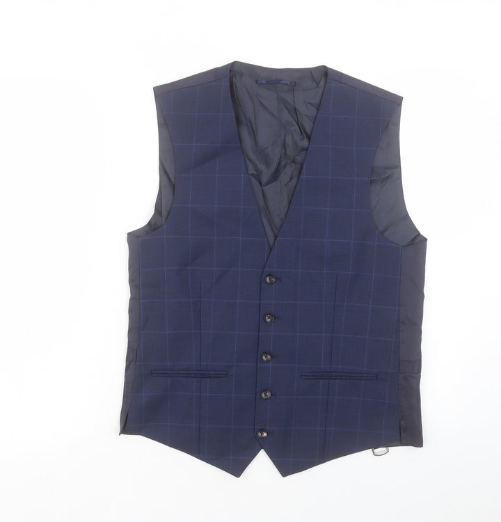 NEXT Mens Blue Plaid Wool Jacket Suit Waistcoat Size 38