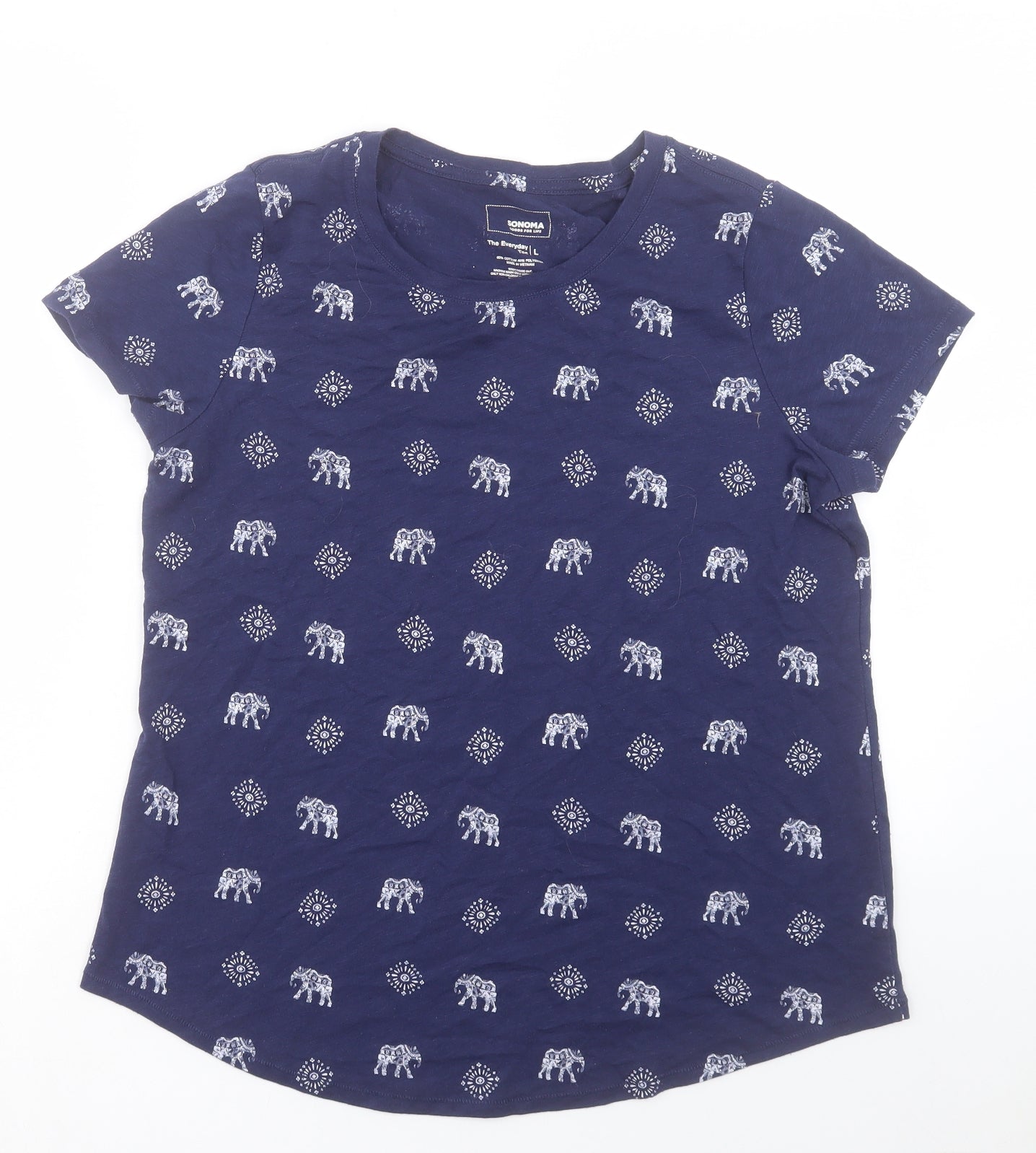 Sonoma Womens Blue Geometric Cotton Basic Tank Size L Round Neck - Elephant