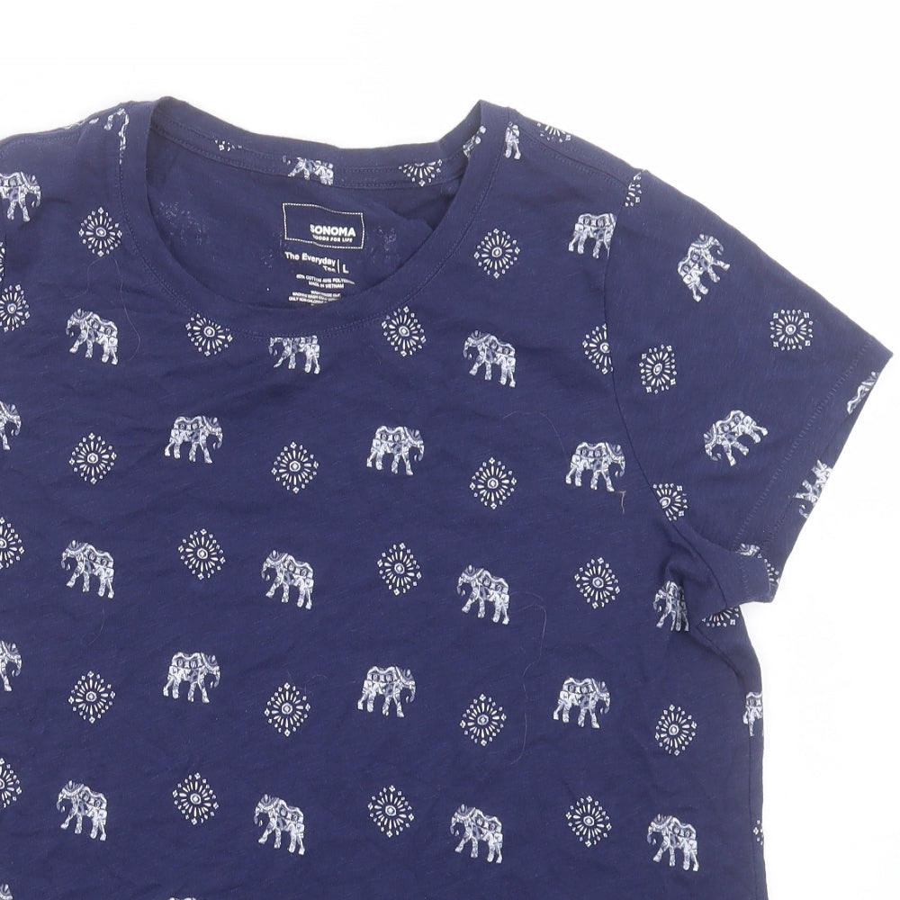 Sonoma Womens Blue Geometric Cotton Basic Tank Size L Round Neck - Elephant