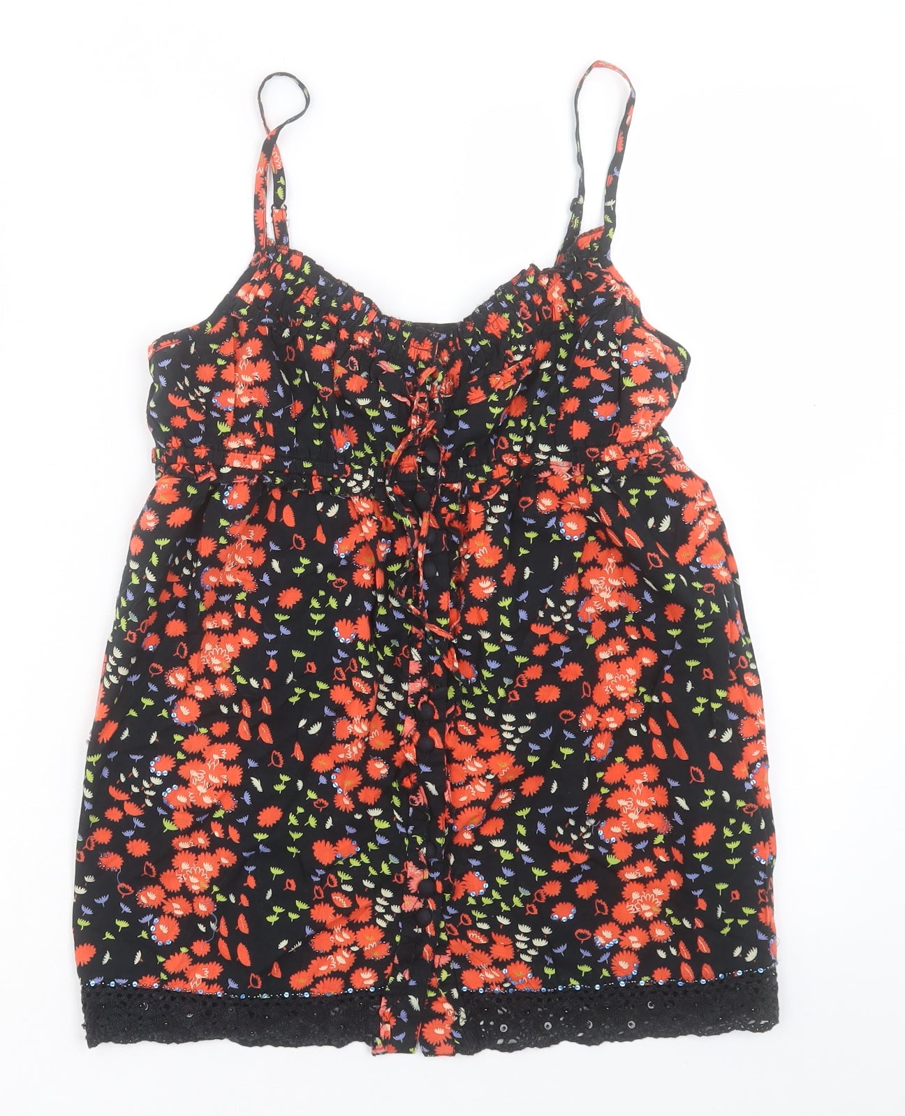 River Island Womens Red Floral Cotton Camisole Tank Size 12 V-Neck - Lace Trim