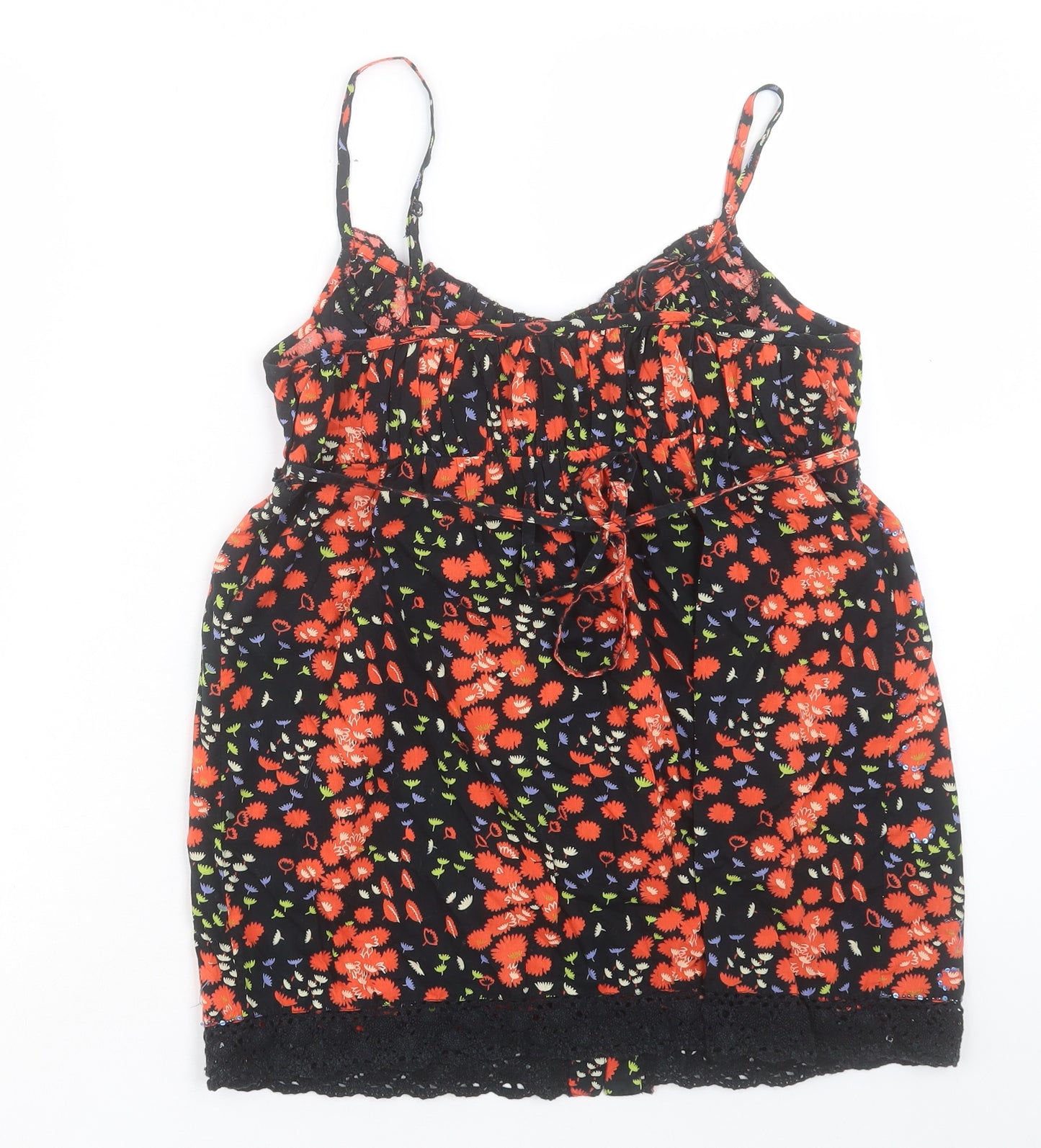 River Island Womens Red Floral Cotton Camisole Tank Size 12 V-Neck - Lace Trim