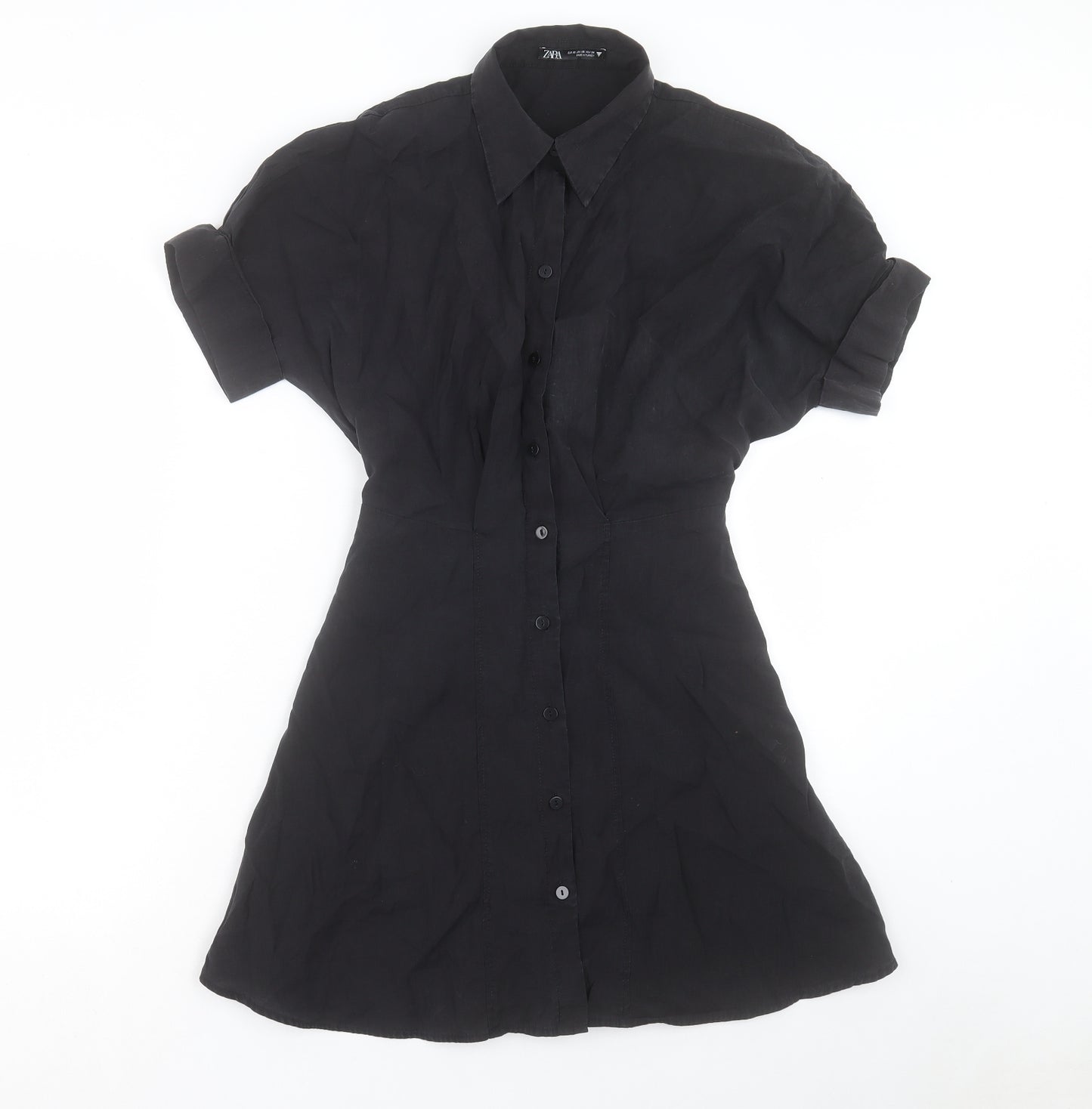 Zara Womens Black Polyester Shirt Dress Size XS Collared Button