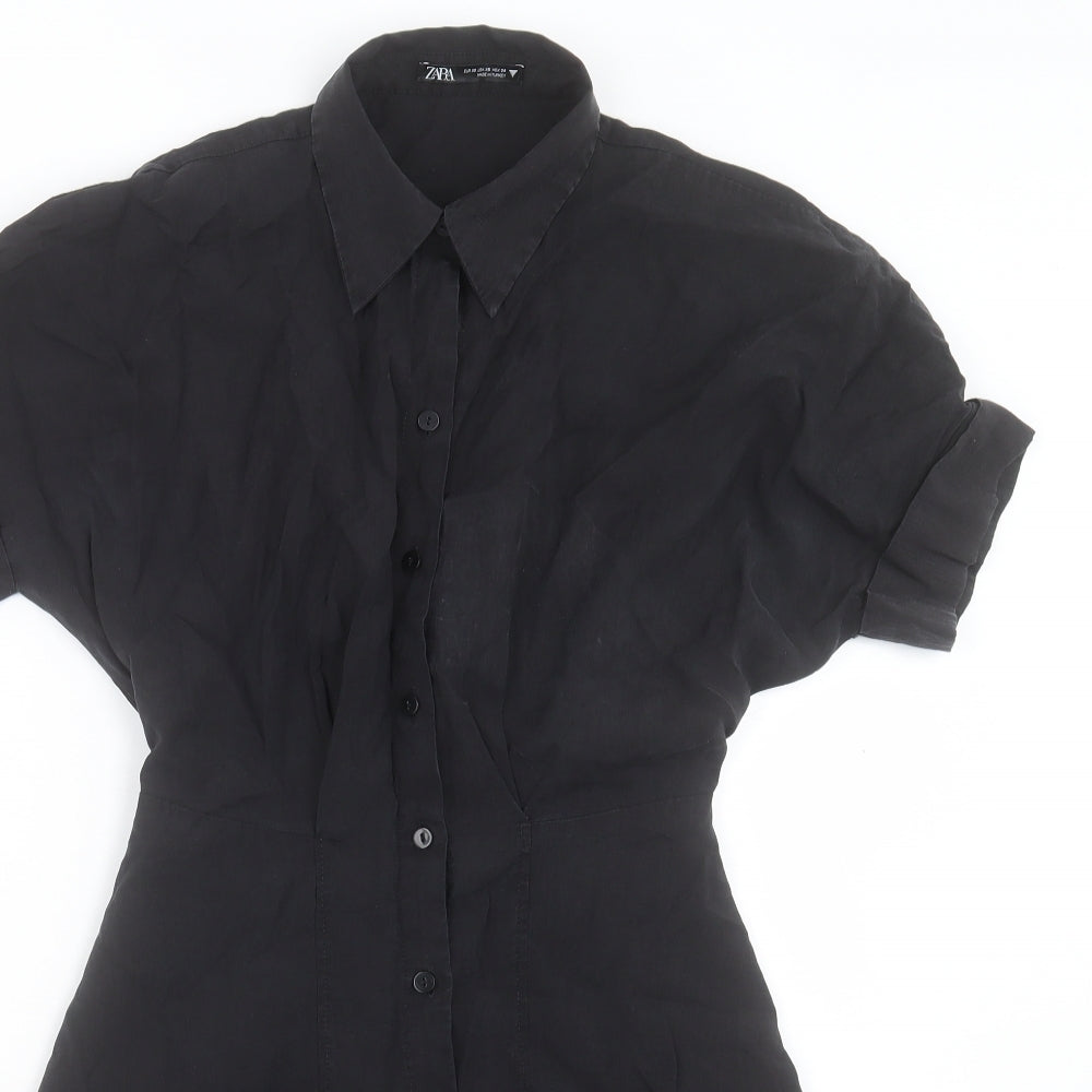Zara Womens Black Polyester Shirt Dress Size XS Collared Button
