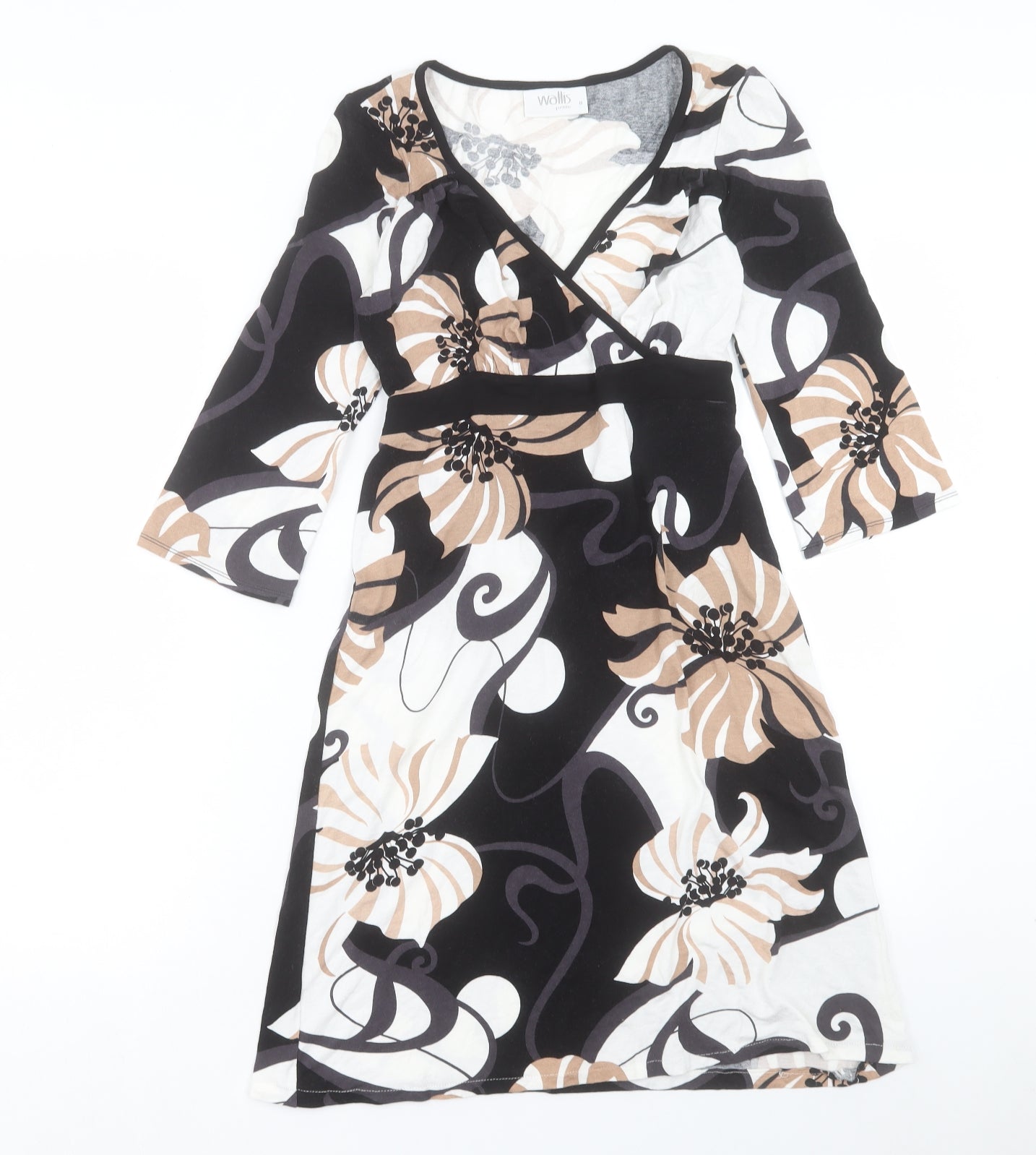 Wallis Womens Black Floral Viscose Fit & Flare Size 8 V-Neck Pullover