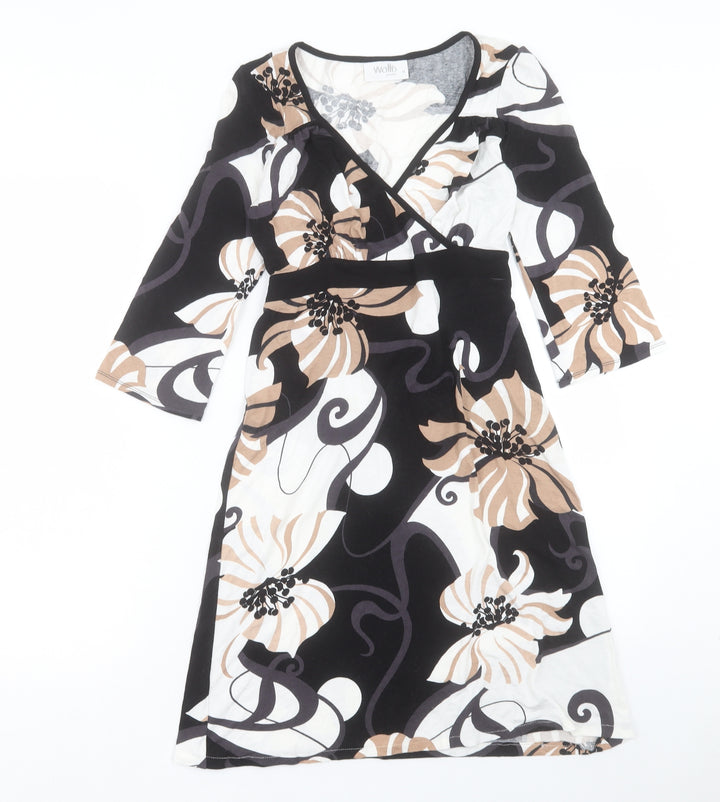 Wallis Womens Black Floral Viscose Fit & Flare Size 8 V-Neck Pullover