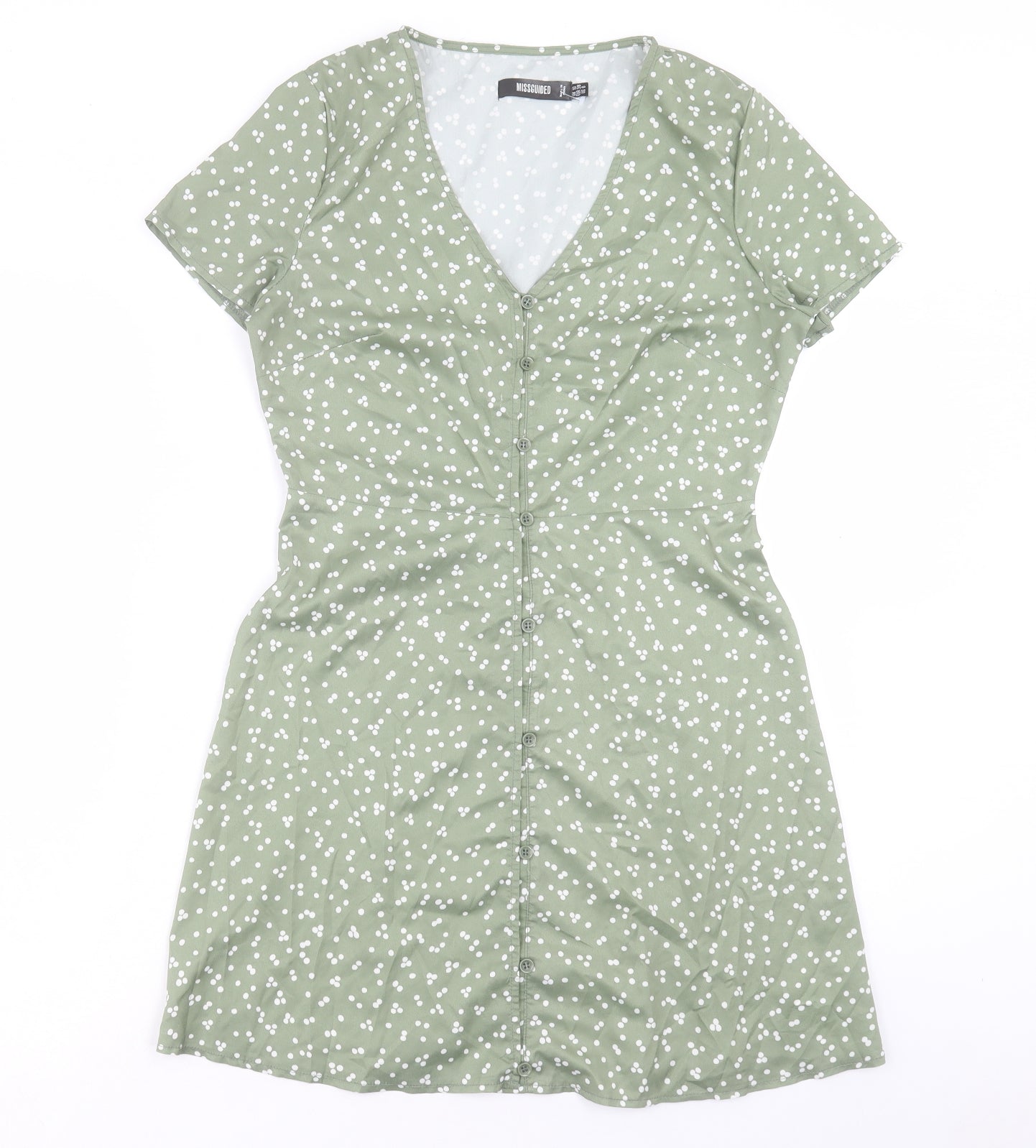 Missguided Womens Green Polka Dot Polyester Mini Size 10 V-Neck Button