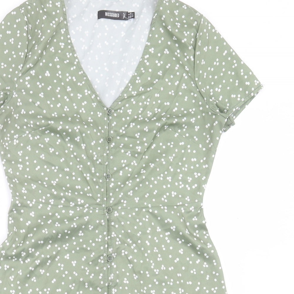 Missguided Womens Green Polka Dot Polyester Mini Size 10 V-Neck Button