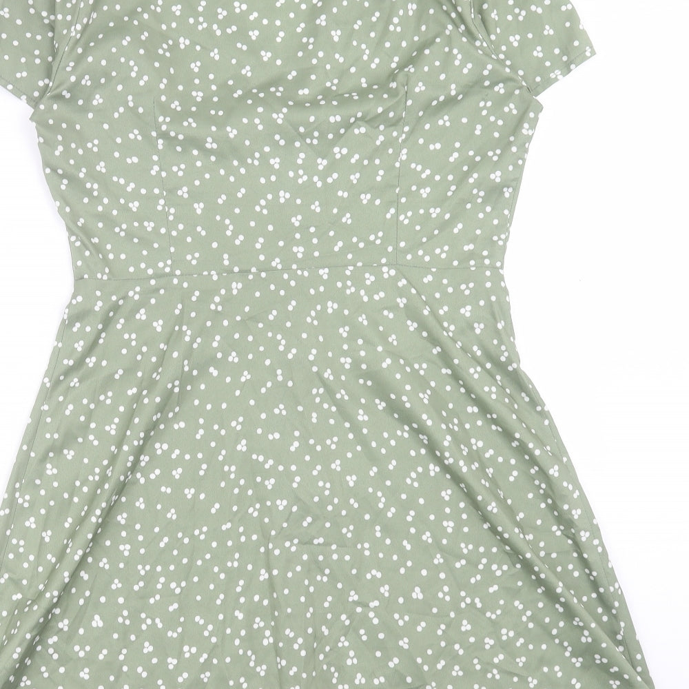 Missguided Womens Green Polka Dot Polyester Mini Size 10 V-Neck Button