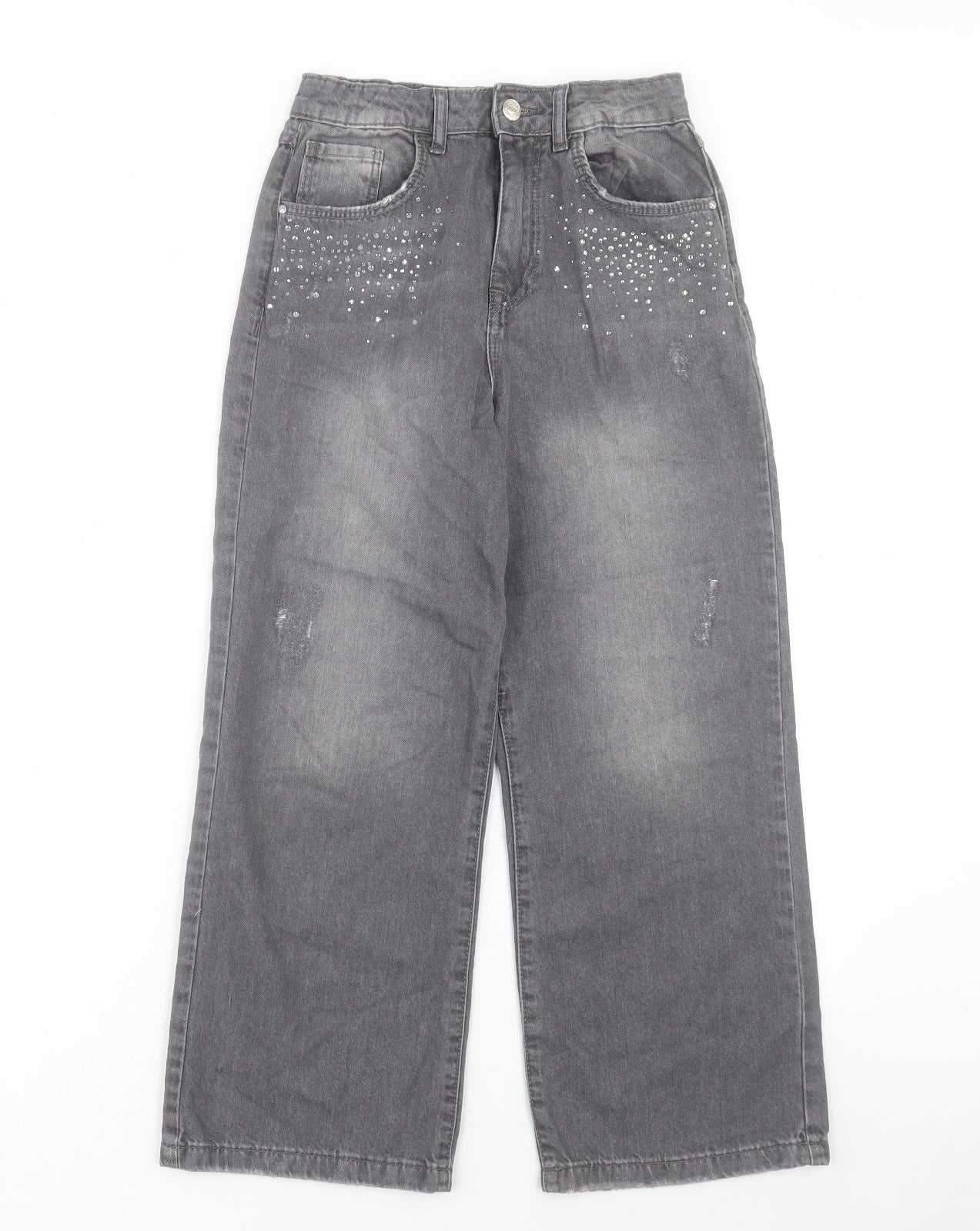 Denim & Co. Girls Grey Cotton Boyfriend Jeans Size 11-12 Years Regular Button - Distressed Look