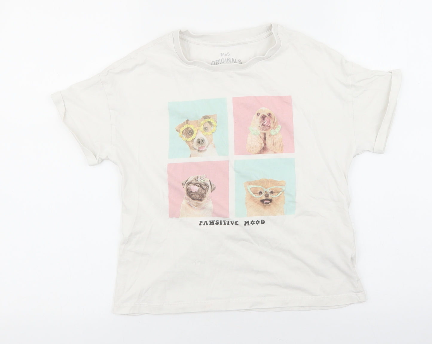 Marks and Spencer Girls White Cotton Basic T-Shirt Size 10-11 Years Round Neck Pullover - Pawsitive Mood