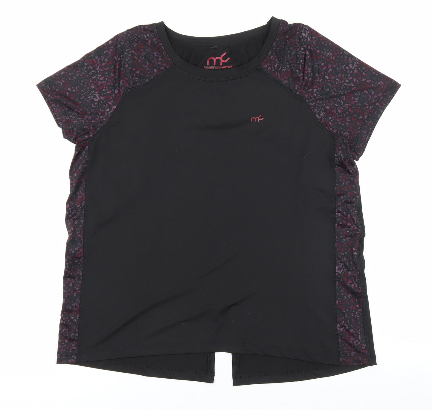 Moody Cow Active Womens Black Geometric Nylon Basic T-Shirt Size L Crew Neck Pullover