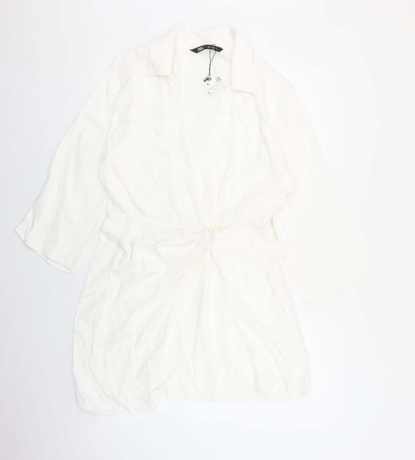 Zara Womens White Viscose Shirt Dress Size L Collared Button