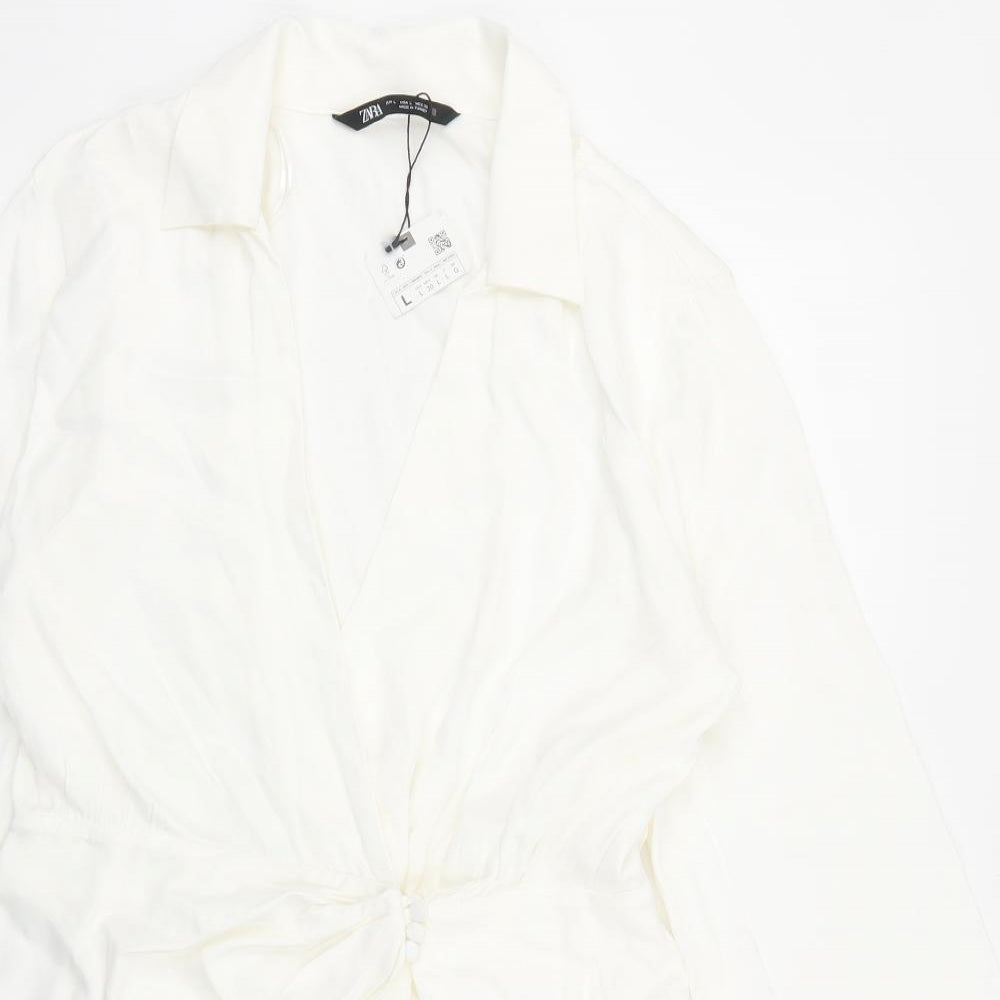 Zara Womens White Viscose Shirt Dress Size L Collared Button