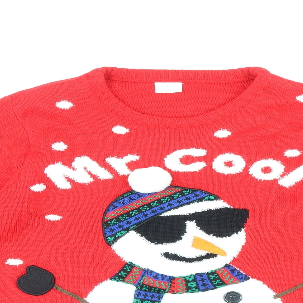 F&F Boys Red Crew Neck Acrylic Pullover Jumper Size 13-14 Years Pullover - Christmas Snowman