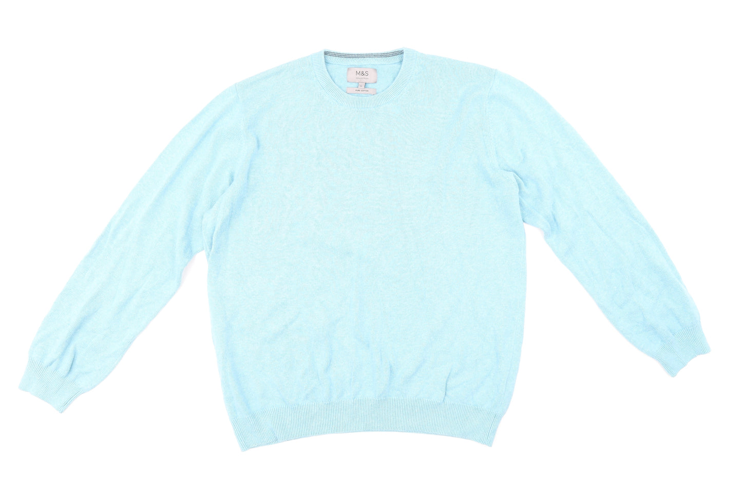 Marks and Spencer Mens Blue Round Neck Cotton Pullover Jumper Size L