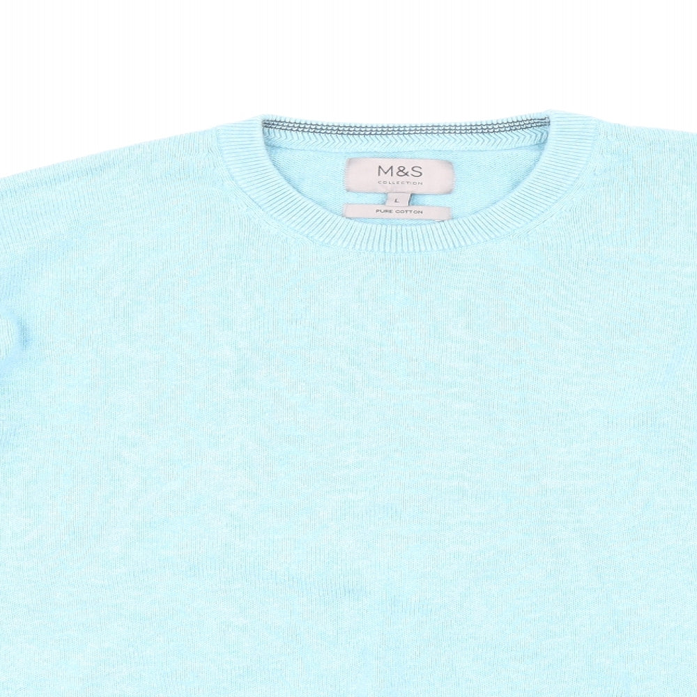 Marks and Spencer Mens Blue Round Neck Cotton Pullover Jumper Size L