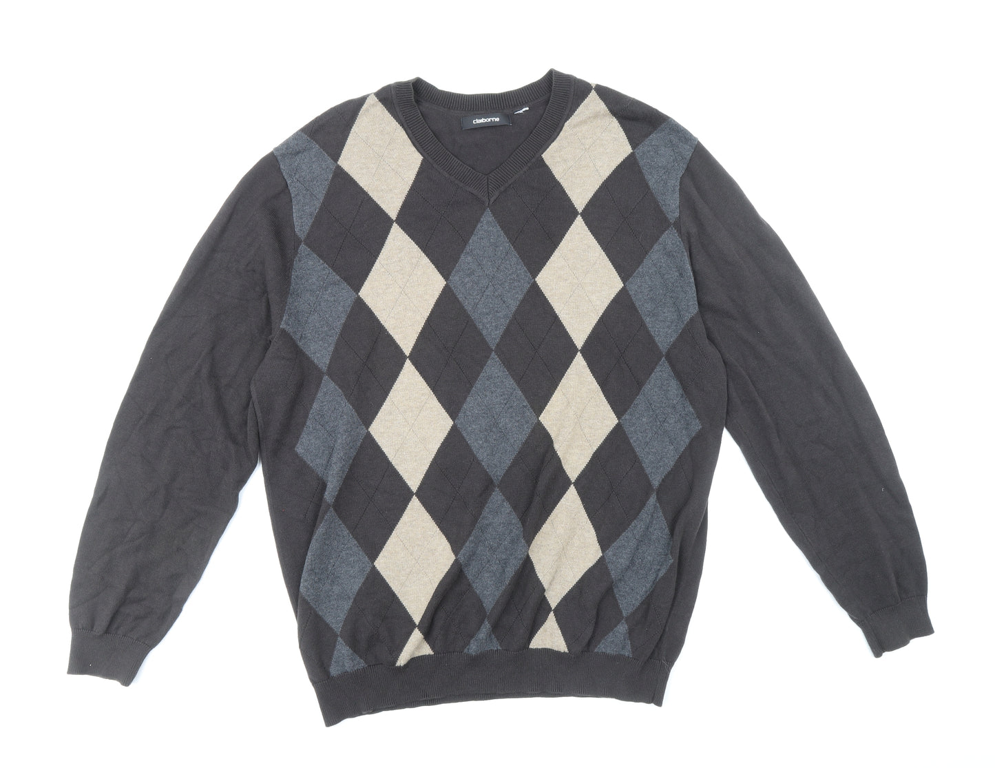 Claiborne Mens Multicoloured V-Neck Argyle/Diamond Cotton Pullover Jumper Size M