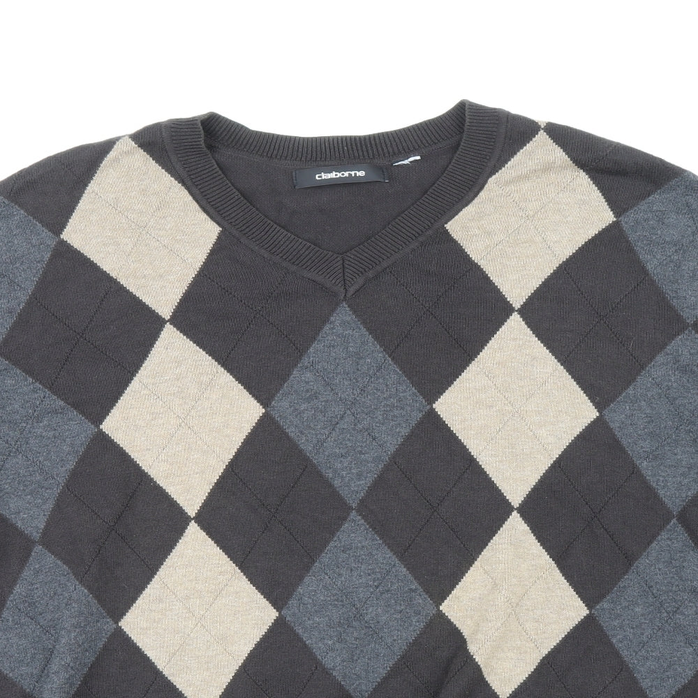 Claiborne Mens Multicoloured V-Neck Argyle/Diamond Cotton Pullover Jumper Size M